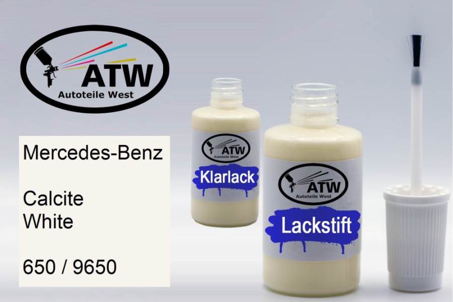 Mercedes-Benz, Calcite White, 650 / 9650: 20ml Lackstift + 20ml Klarlack - Set, von ATW Autoteile West.